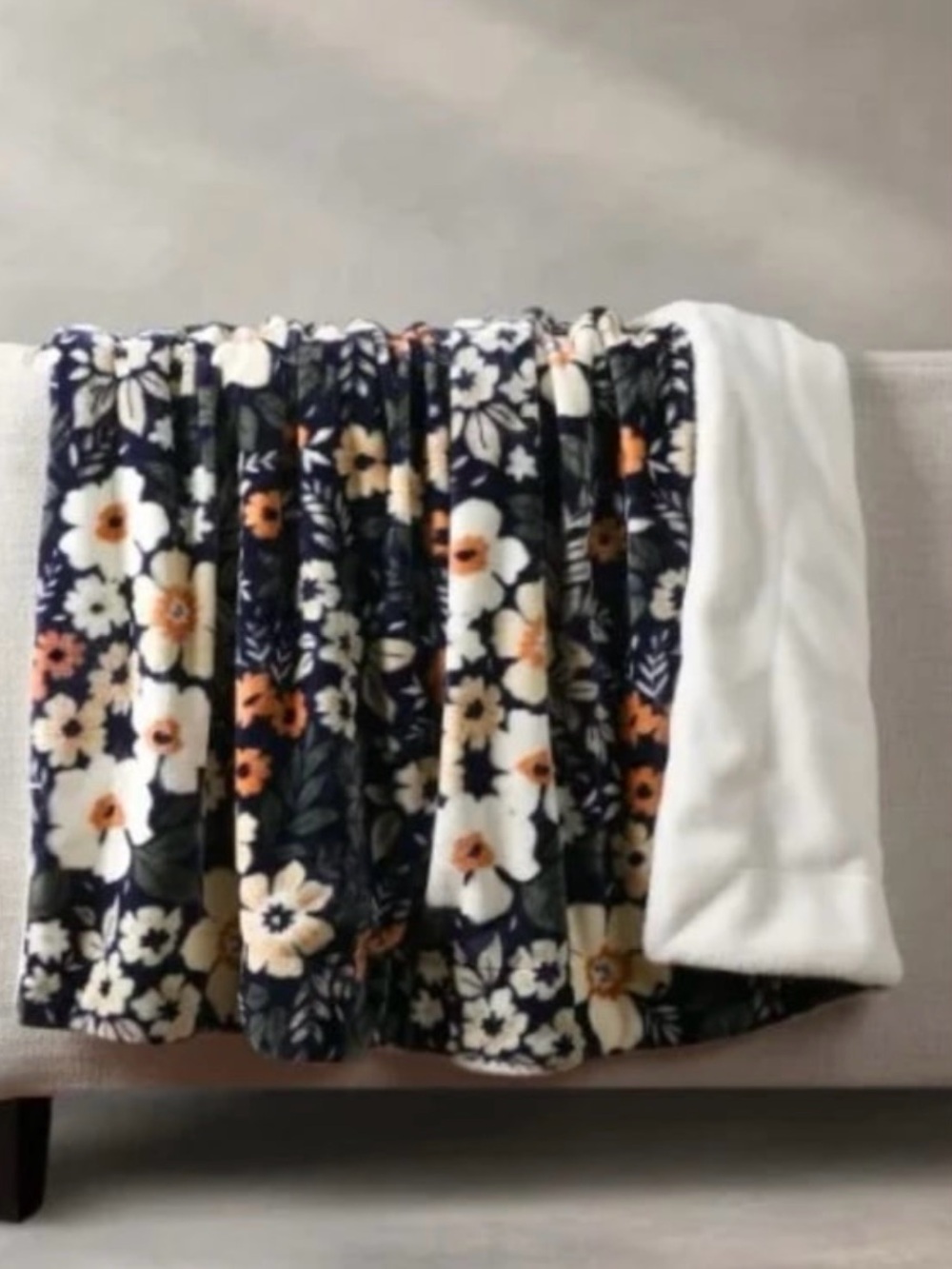 Floral Navy & Cream Plush Throw Blanket